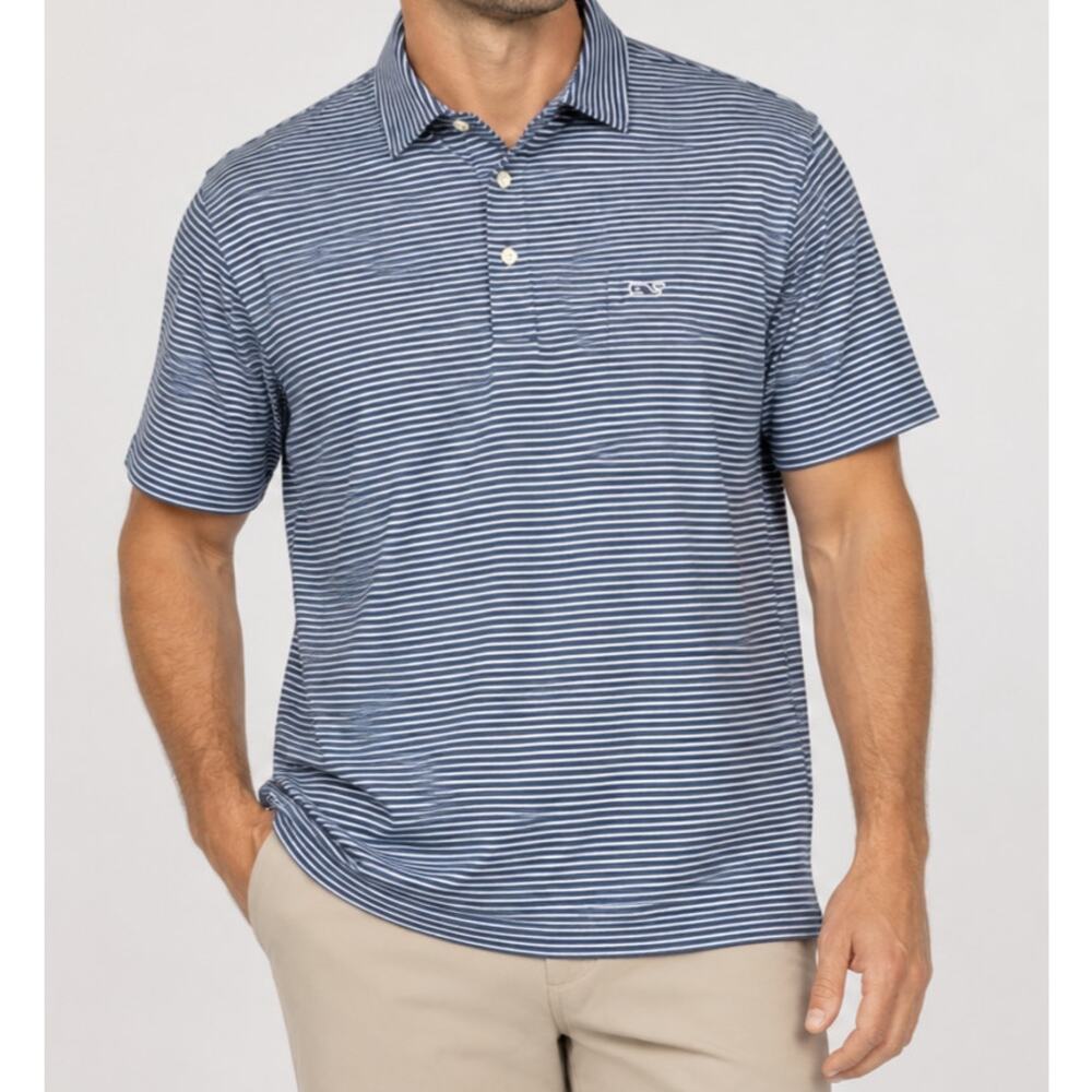 Vineyard Vines Men’s Polo Shirt 2XL Navy Striped Performance Whale Golf Casual